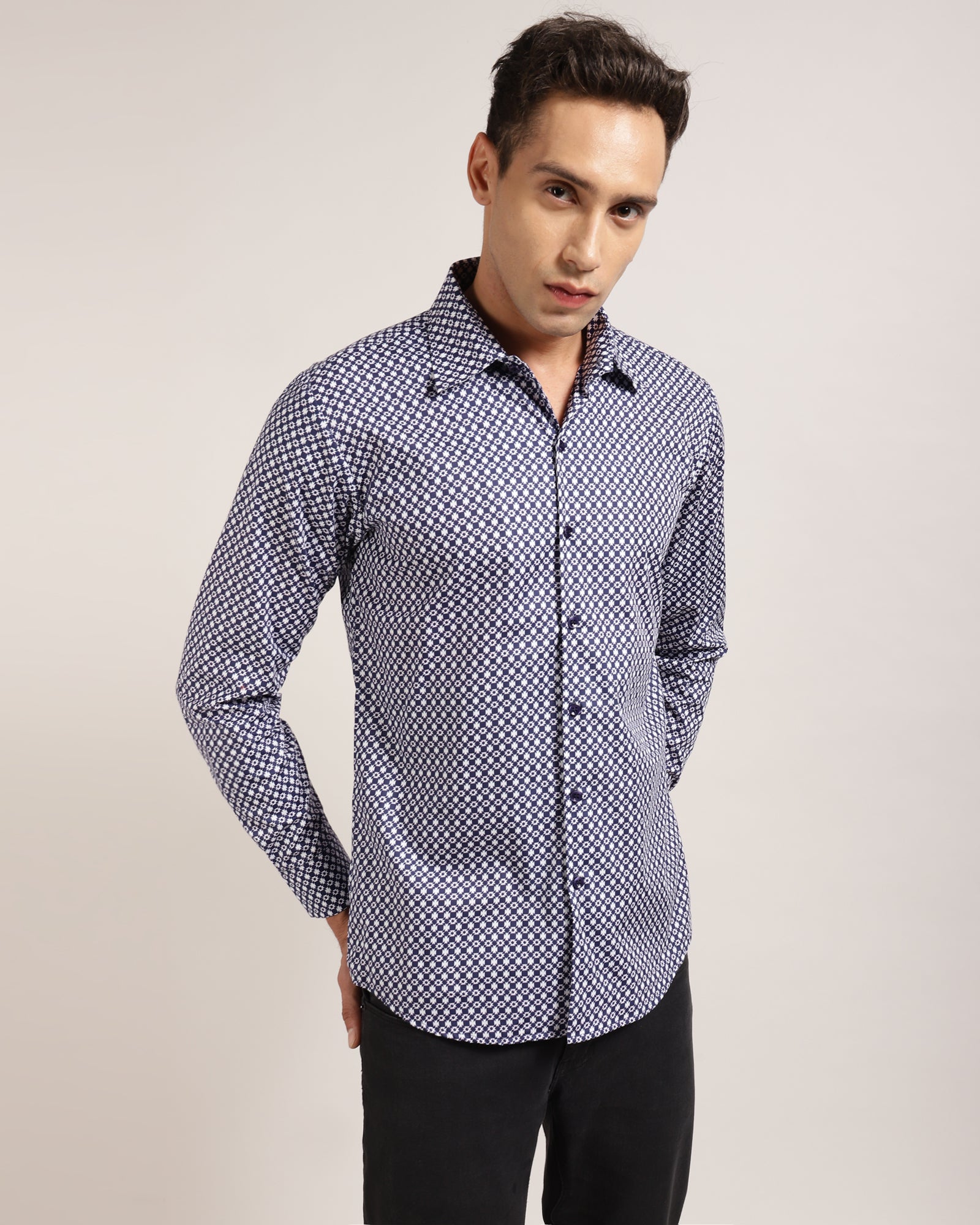 Monsui geometric print shirt, business casual style, premium Indian cotton