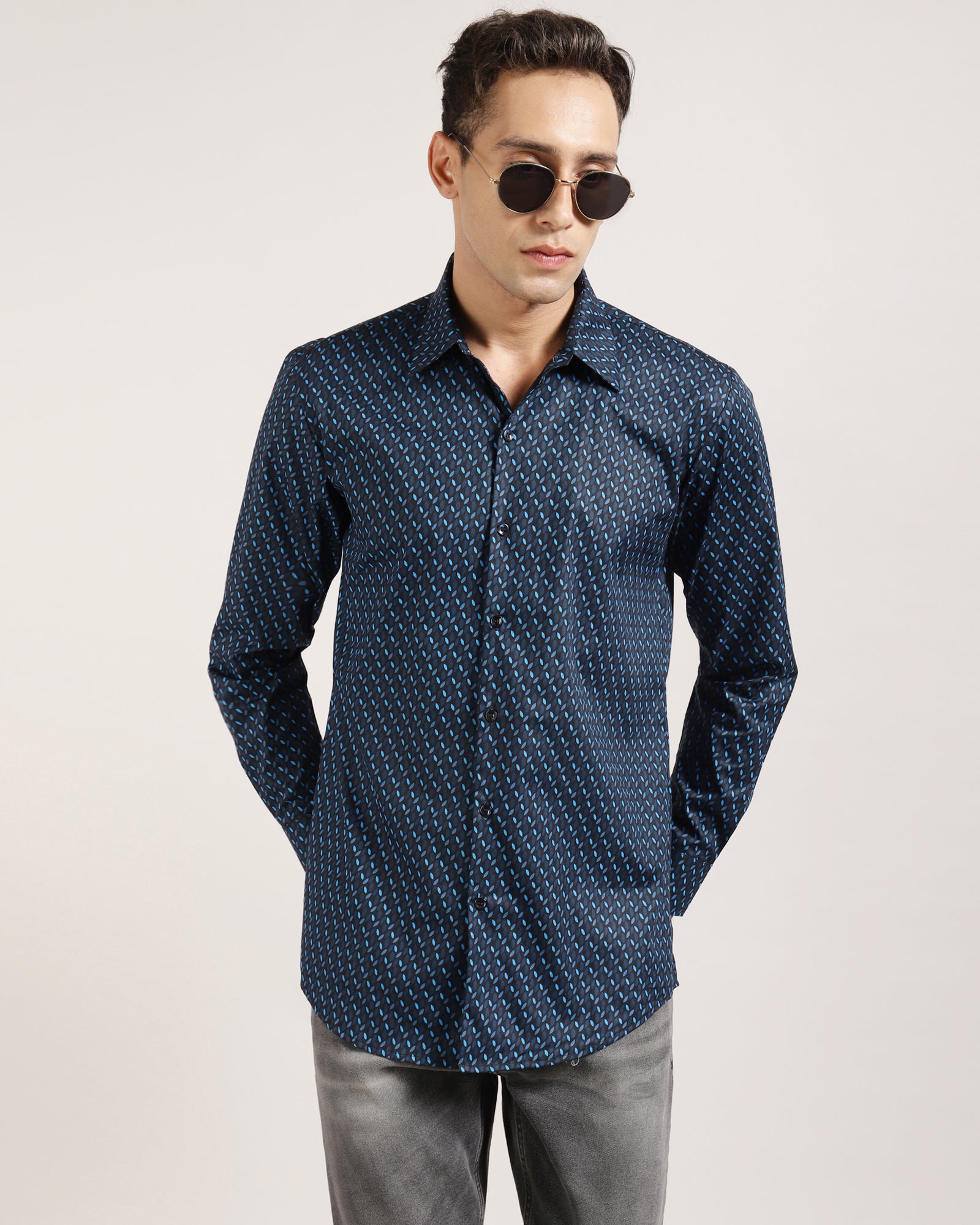 Close-up of Dark Blue Geometric Printed Shirt for Men by Monsui