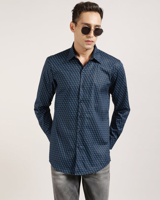 Close-up of Dark Blue Geometric Printed Shirt for Men by Monsui