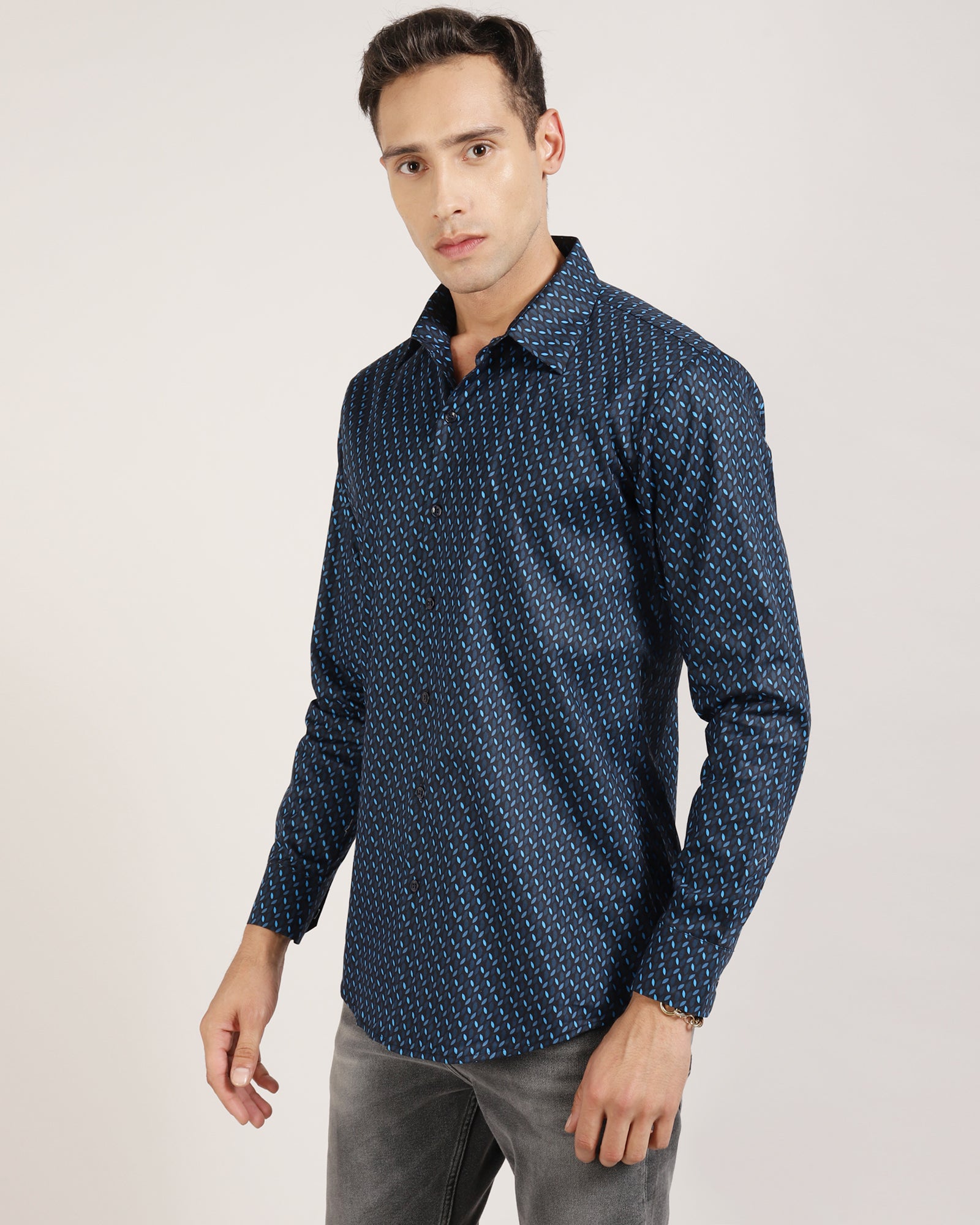 Man wearing Dark Blue Geometric Printed Shirt by Monsui