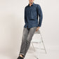 Dark Blue Geometric Printed Shirt for Men by Monsui, styled with dress pants and dress shoes