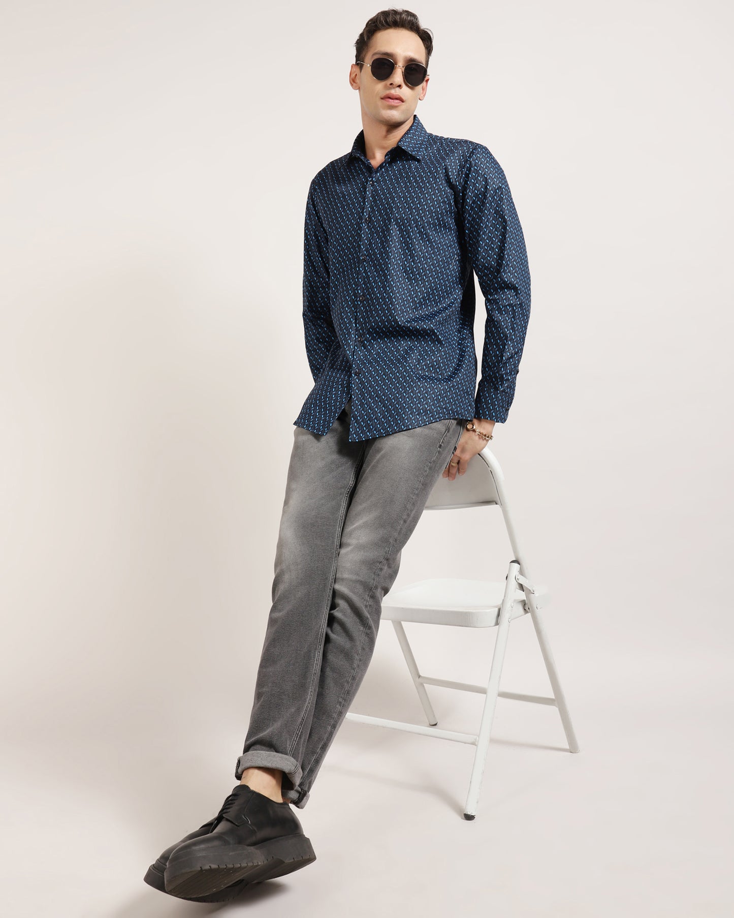 Dark Blue Geometric Printed Shirt for Men by Monsui, styled with dress pants and dress shoes