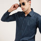 Front view of Dark Blue Geometric Printed Shirt by Monsui