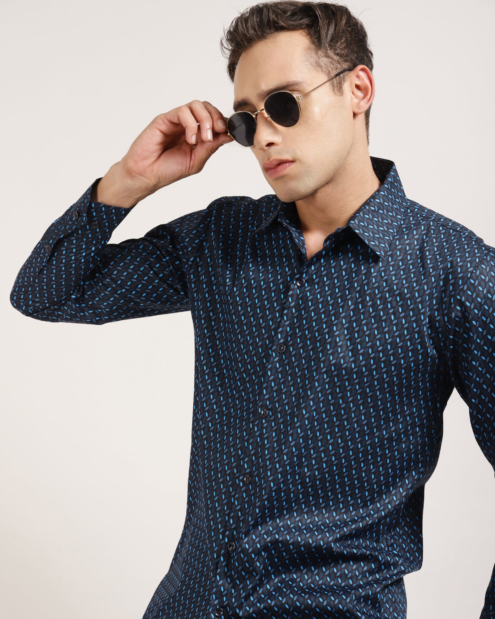 Front view of Dark Blue Geometric Printed Shirt by Monsui