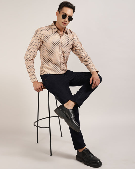 Comfortable and stylish beige geometric printed shirt on a man's body