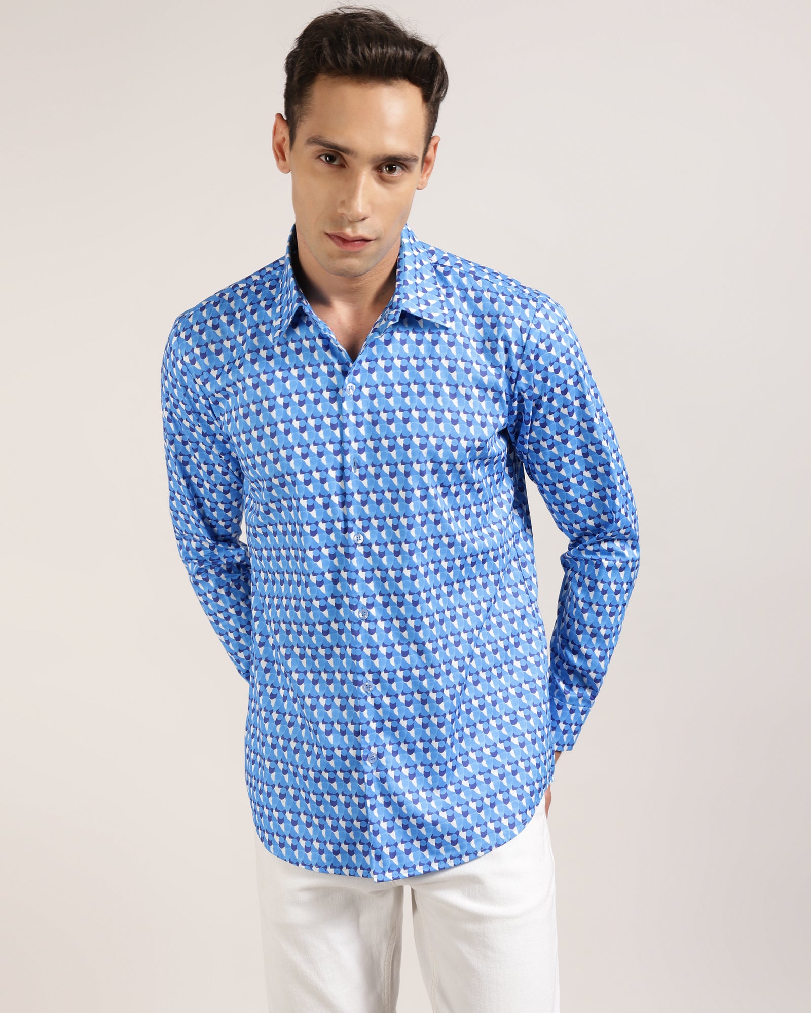 White and light blue printed shirt at Monsui