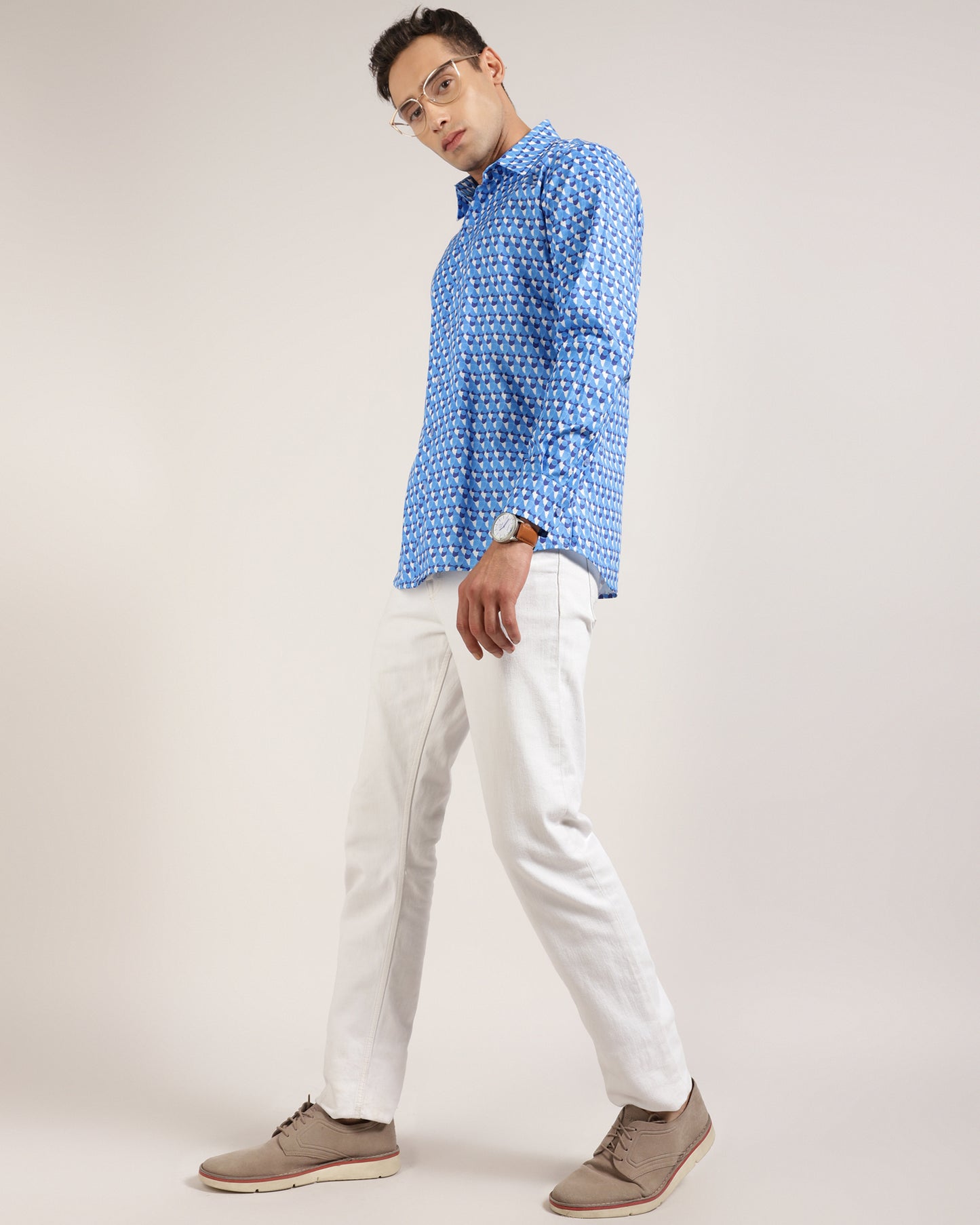 White and light blue printed shirt, handstitched in India