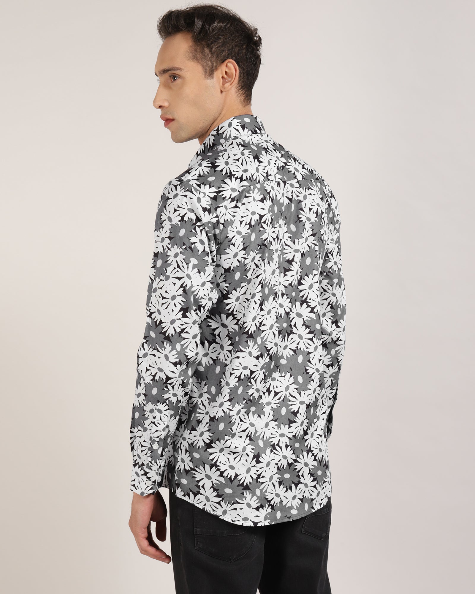 Handstitched Floral Print Shirt for Men in black and white