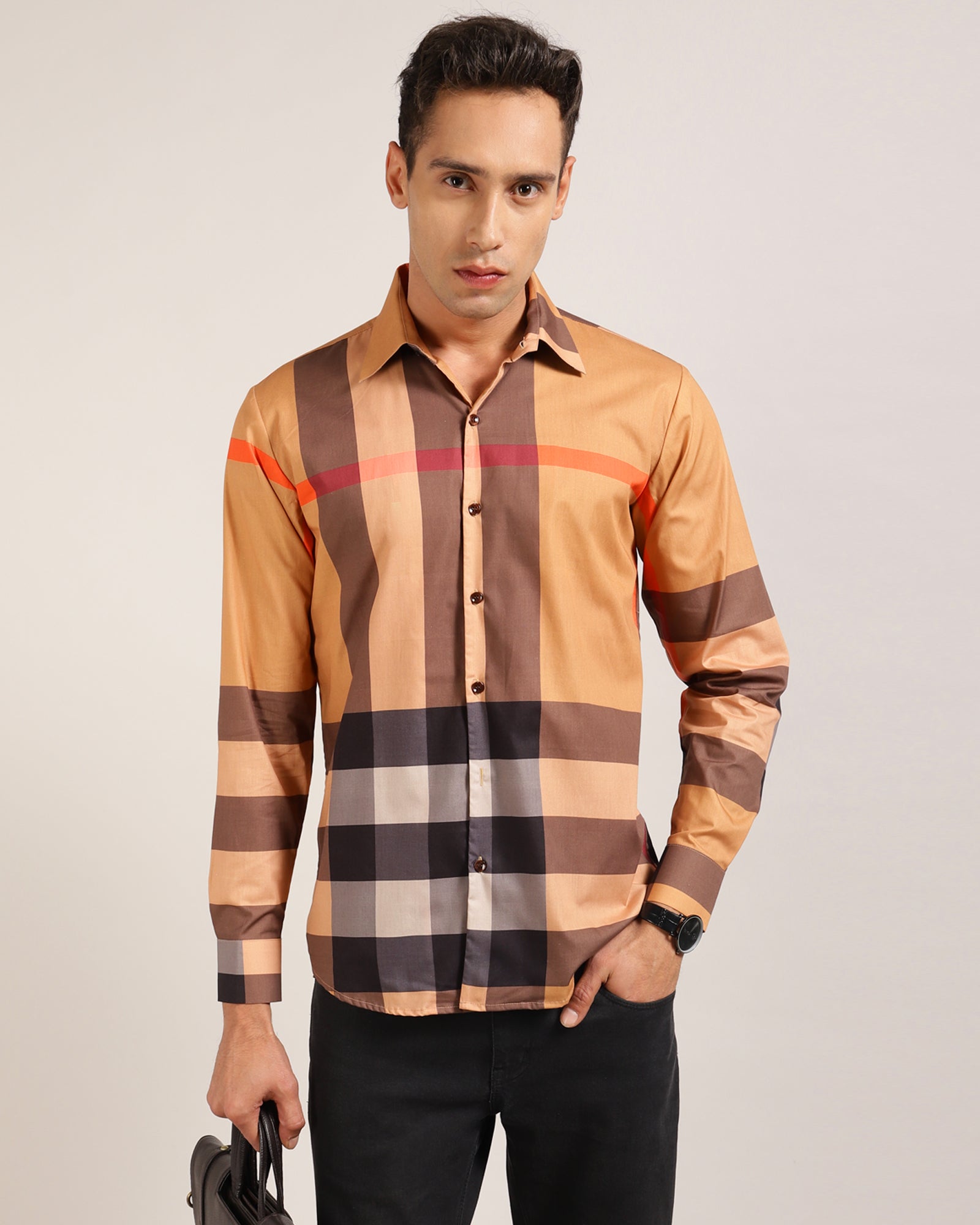 Beige Printed Check Shirt on model