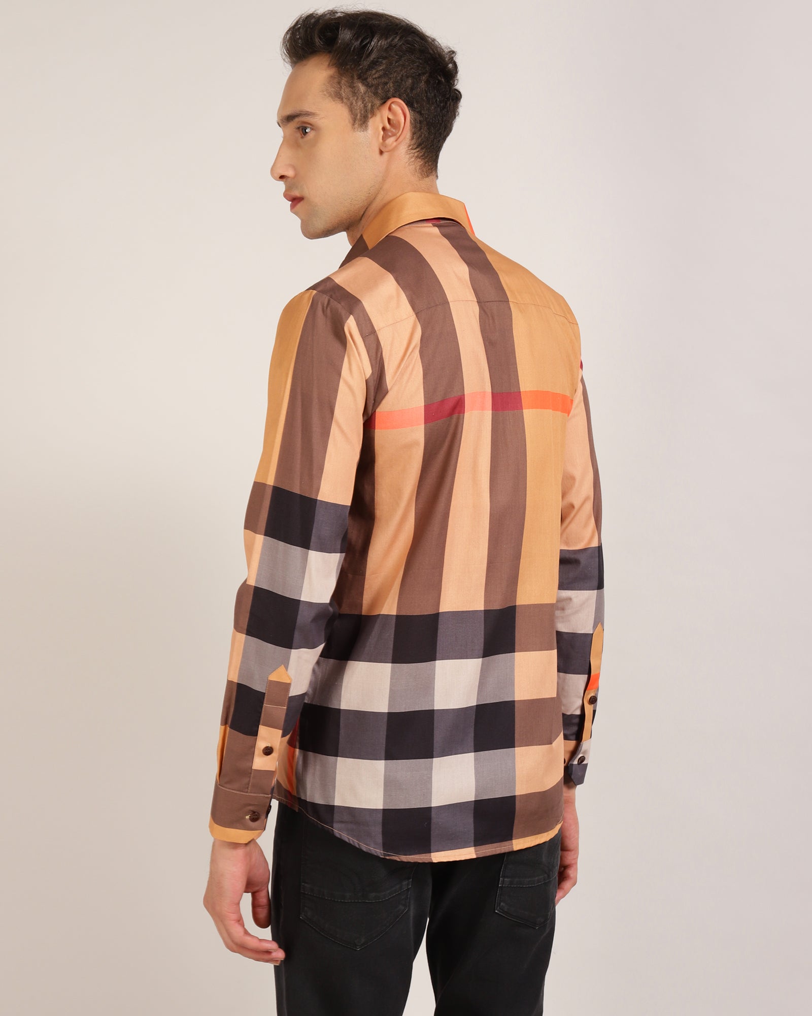 Side view of Beige Printed Check Shirt