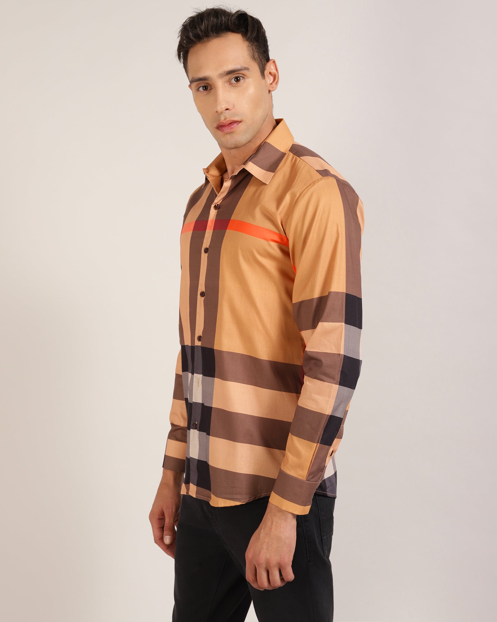 Beige Printed Check Shirt folded and ready to wear.