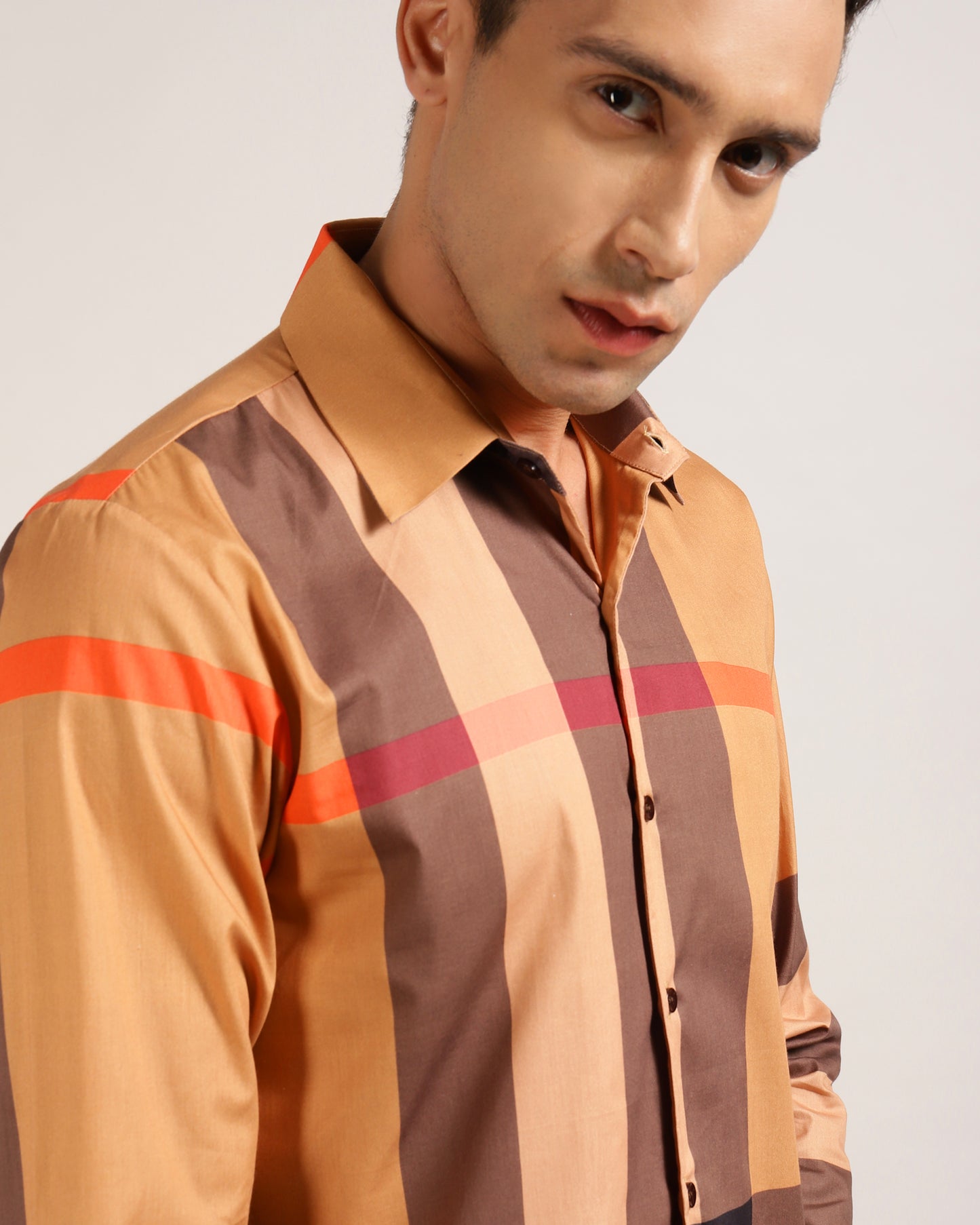 Close up of Beige Printed Check Shirt design