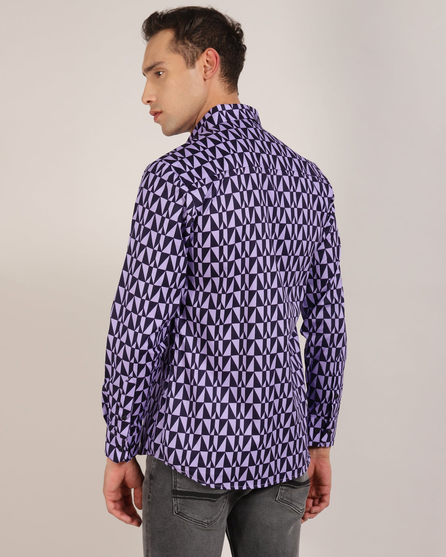 Monsui Purple & Black Geometric Printed Shirt on model