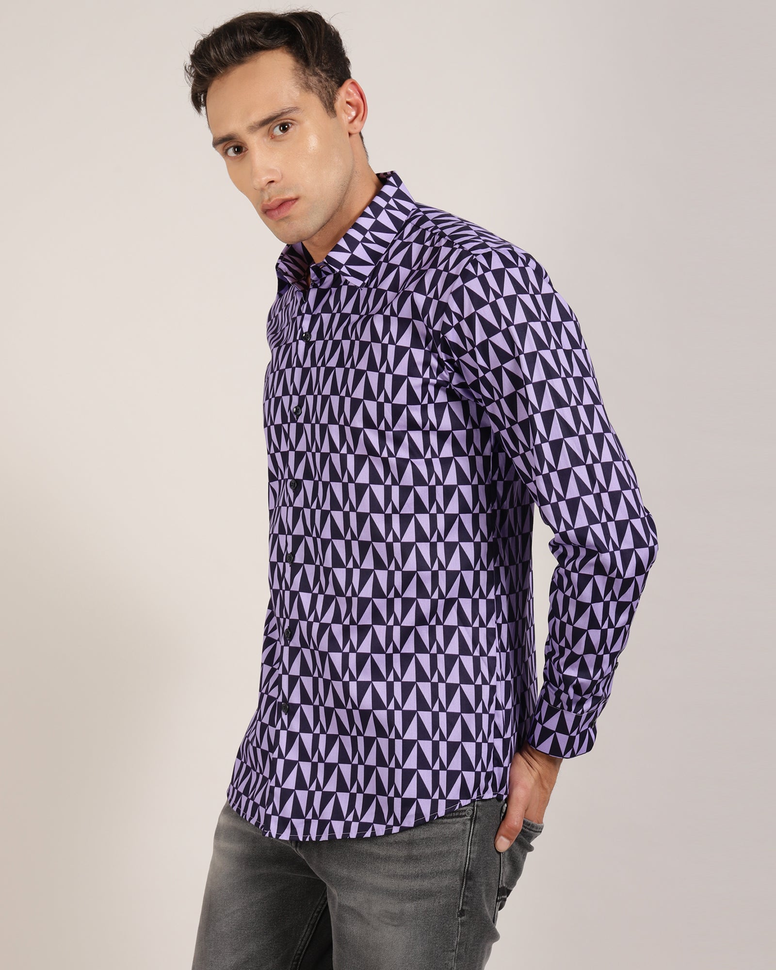 Stylish purple and black geometric print shirt by Monsui