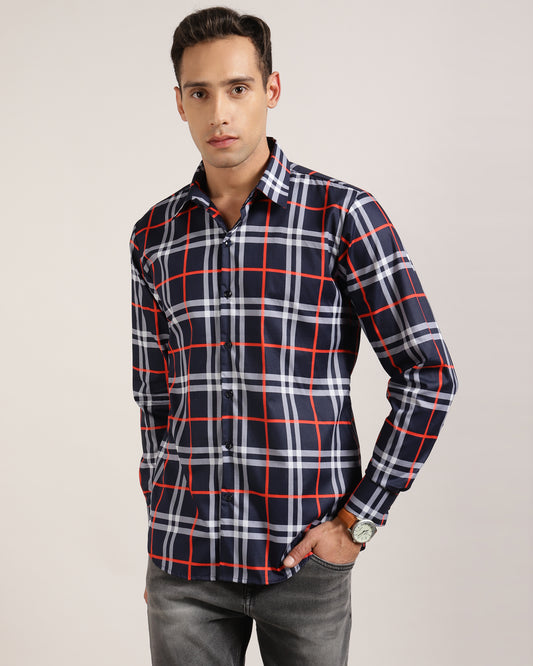 Dark Navy Check Printed Shirt