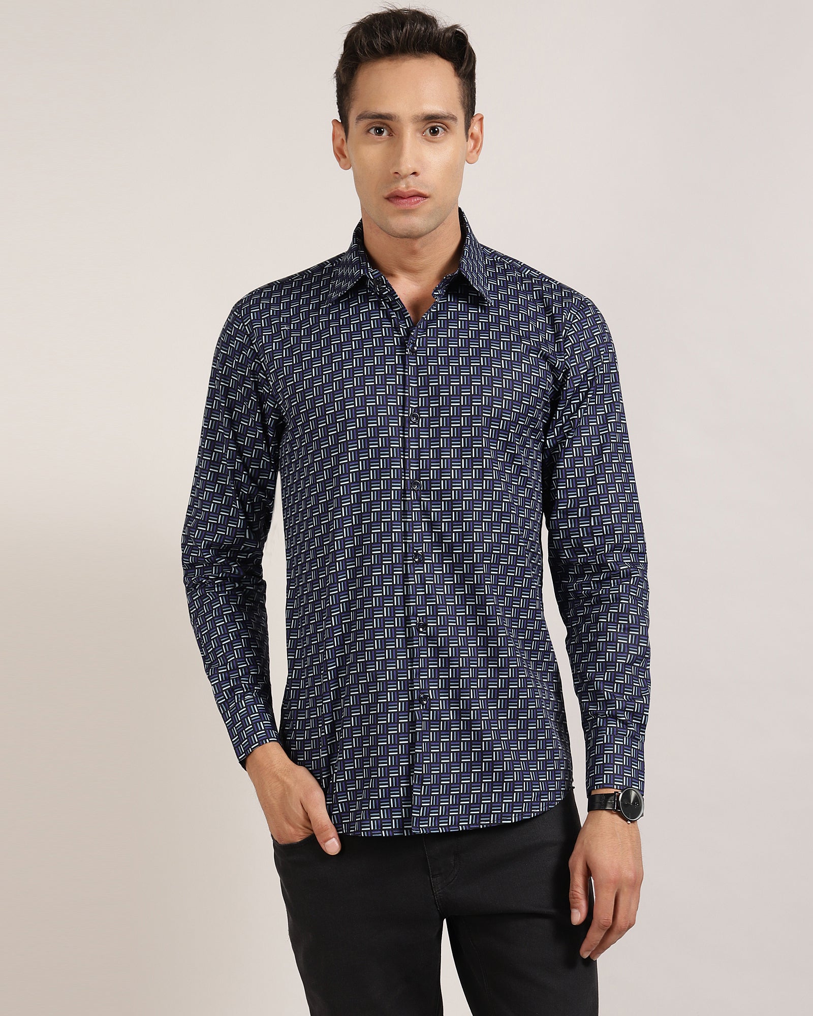 Bold and modern geometric print pattern on a shirt