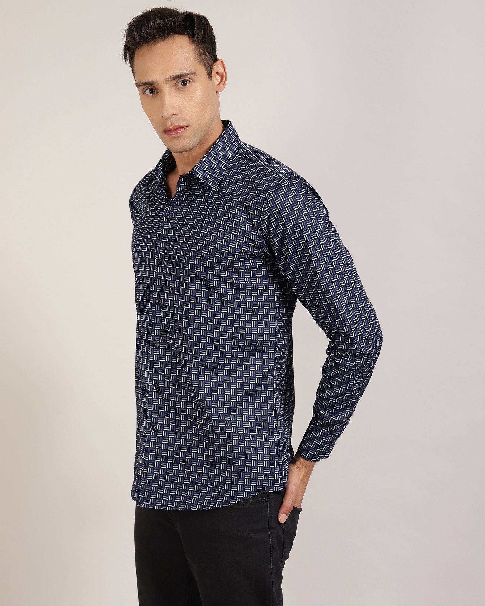 Blue geometric print shirt for men