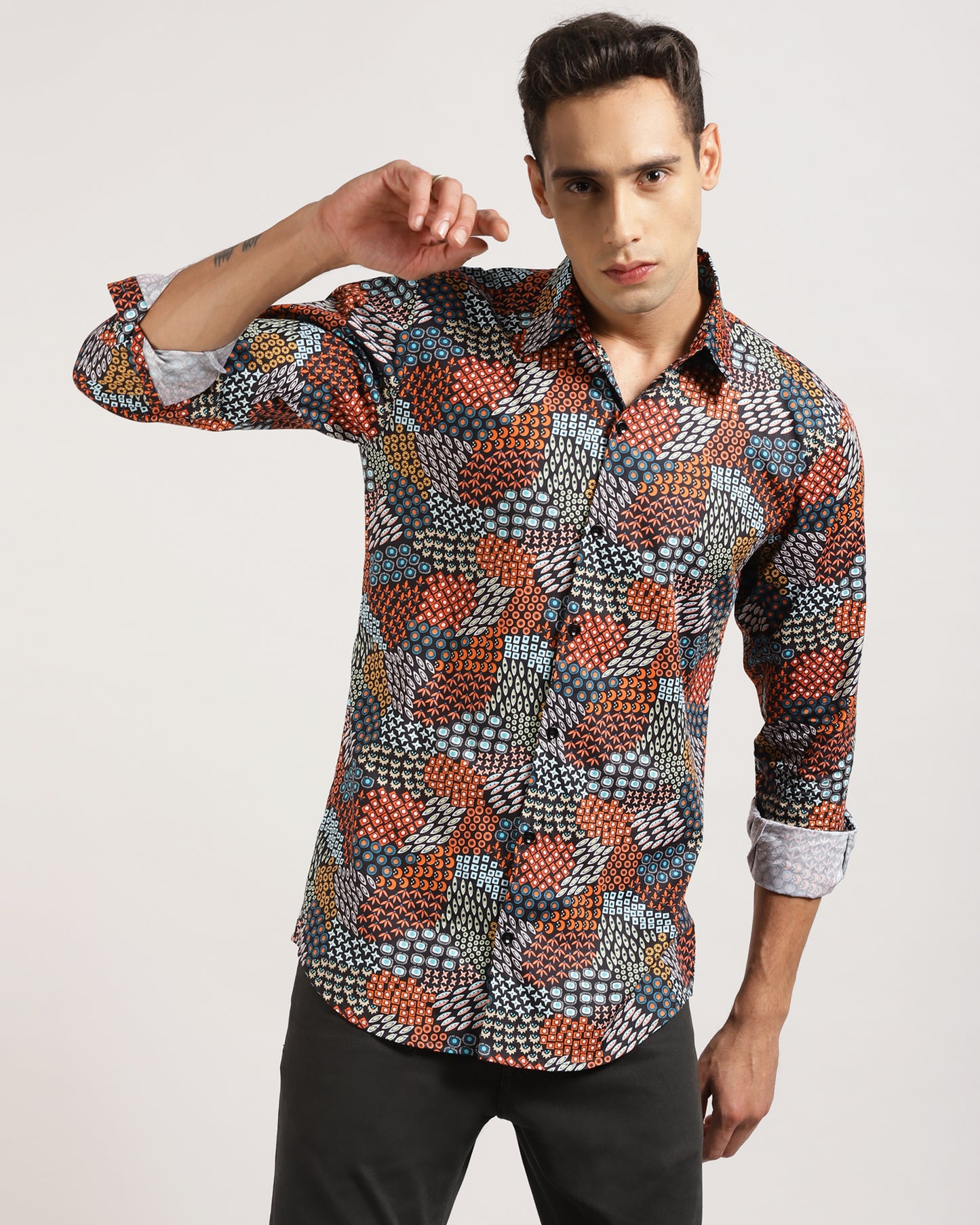 The back of the multi-color abstract printed shirt, showcasing the intricate print